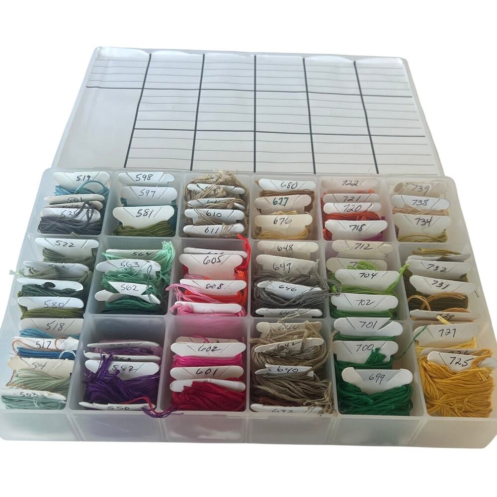 Embroidery Floss Lot 66 Bobbins Sorted Storage Box DMC Color Numbers CrossStitch